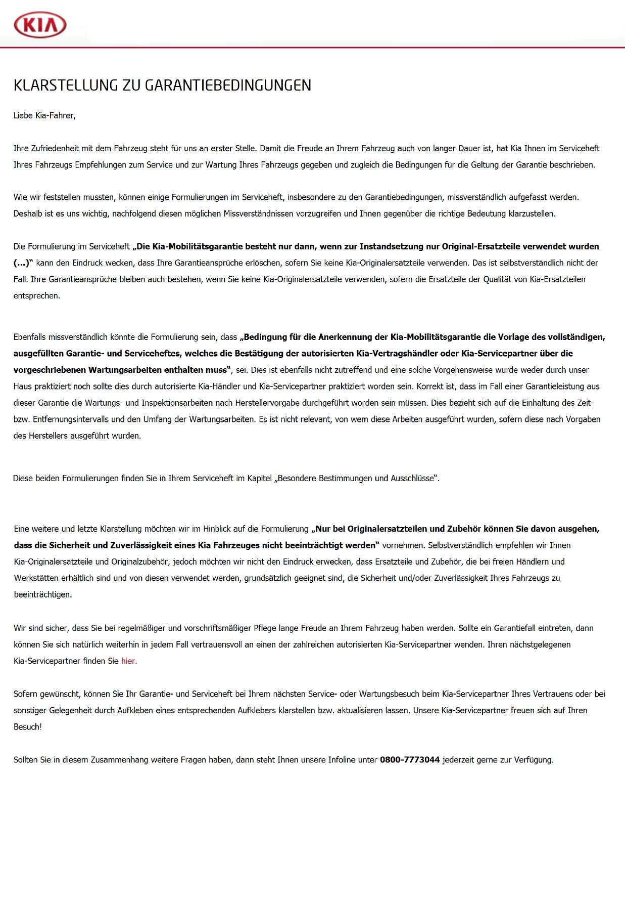 Klarstellung: Kia äußert sich über Formulierungen zu Garantiebedingungen. Quelle: Kia